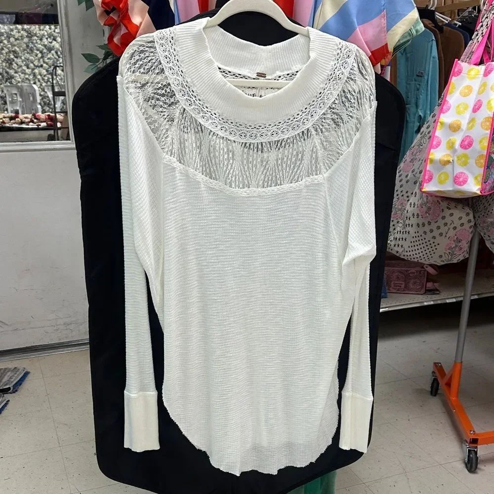Free People White Lace Detail Blouse